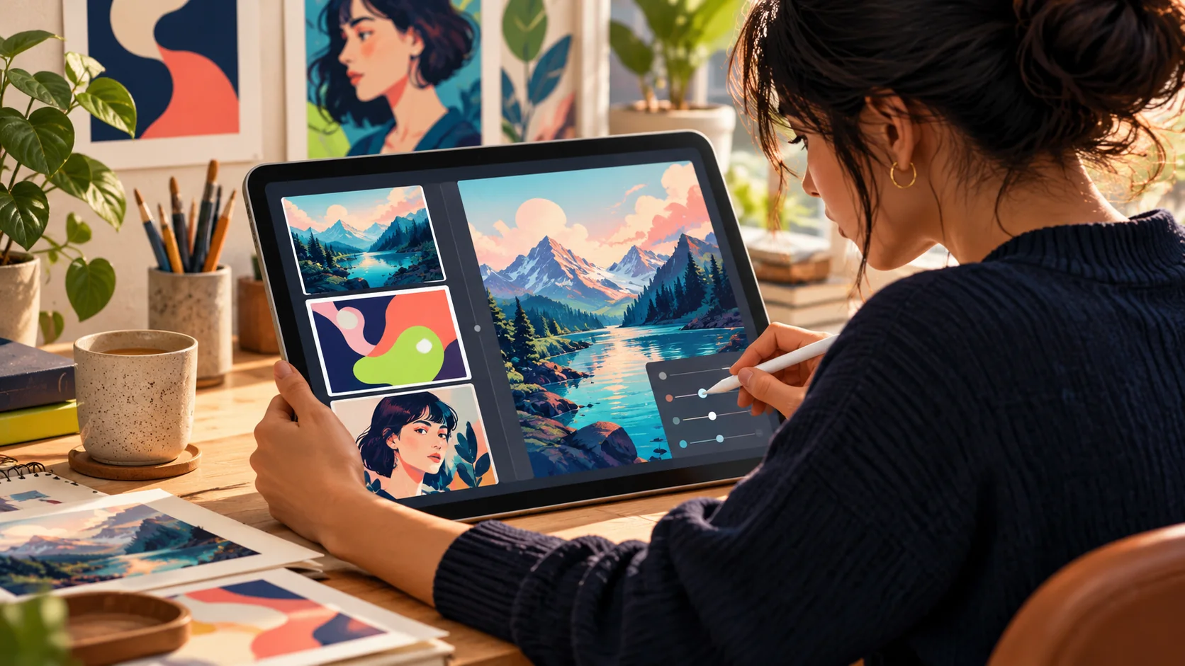 Creator comparing several AI-generated image concepts and editing one on a tablet