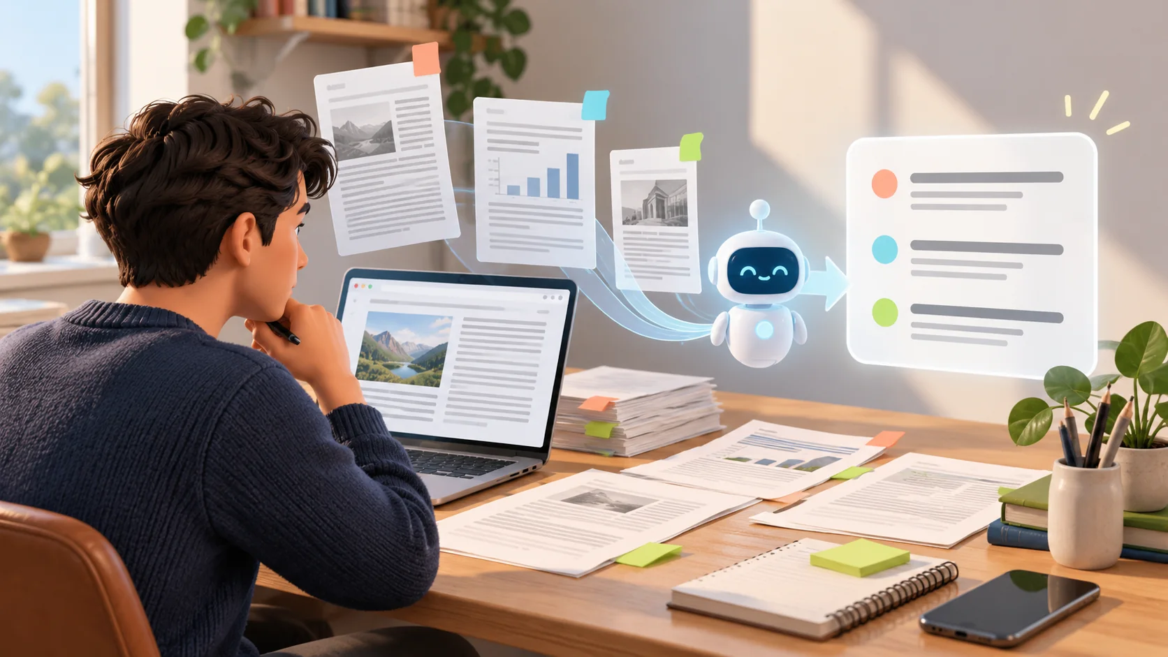 Professional reviewing a concise AI summary beside source documents and a webpage
