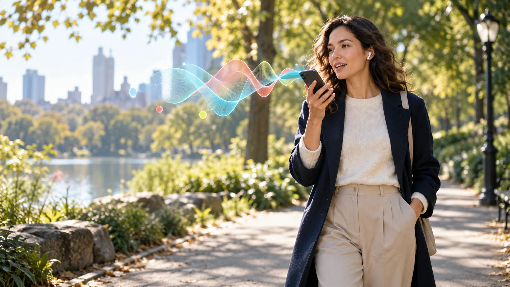 Person speaking to a phone while walking in a park, with an abstract voice waveform