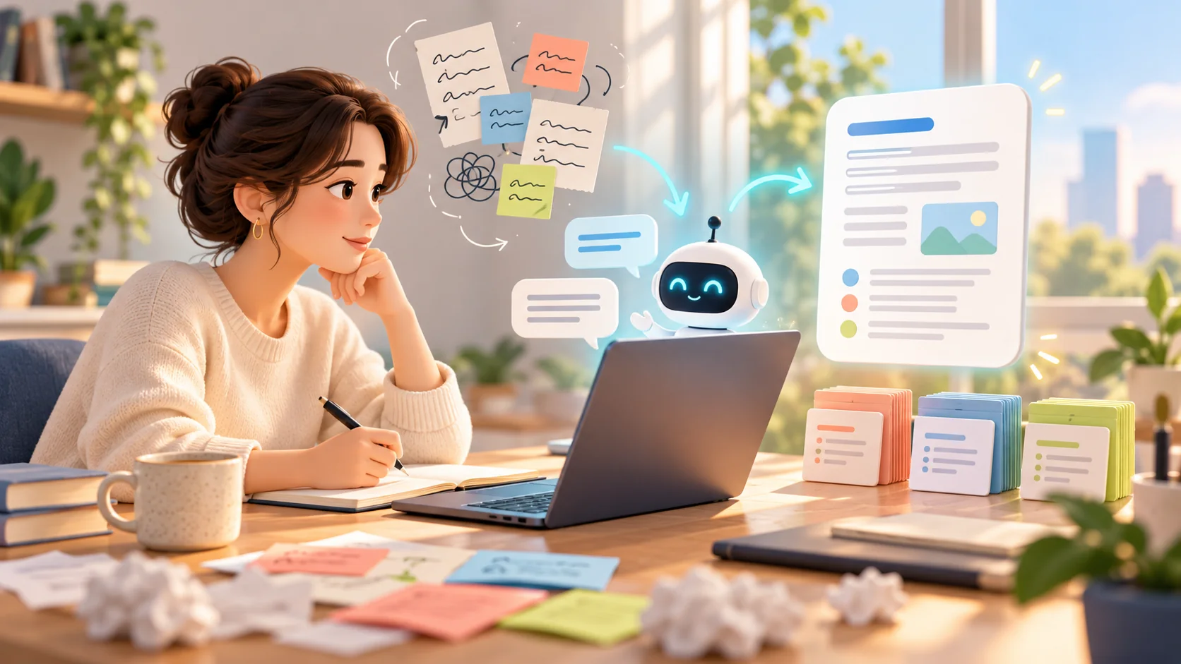 Editorial illustration of a person turning scattered notes into a clear draft with an AI assistant