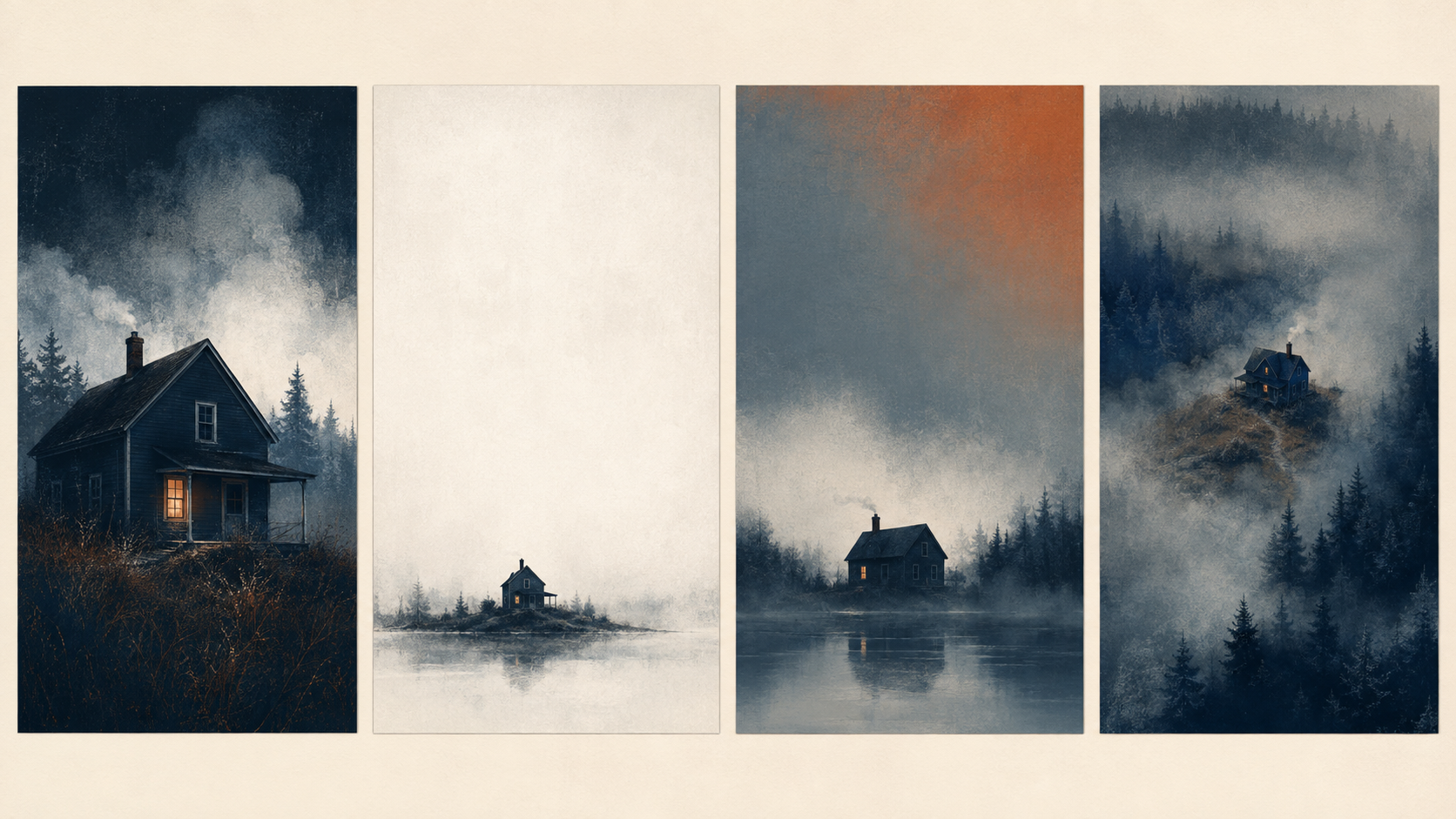 Illustrative contact sheet comparing six fictional AI book cover concepts without typography
