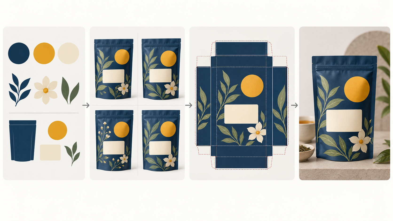 Original illustrative workflow showing color logic, package variations, a carton dieline concept, and a shelf mockup