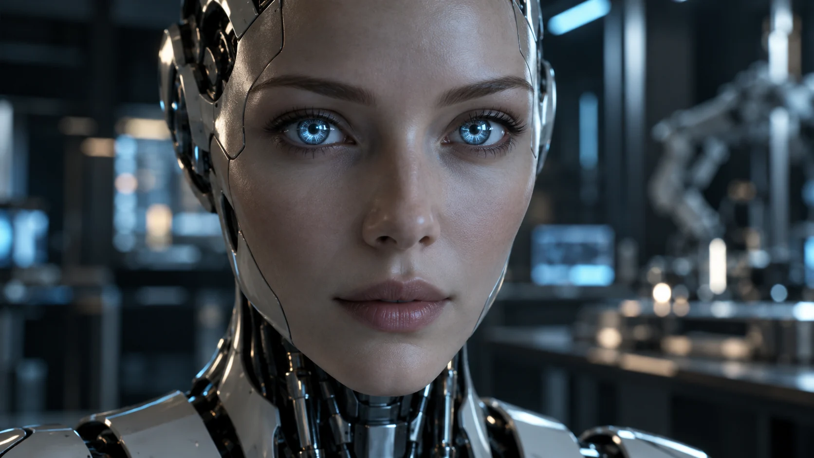 Cinematic close-up of a humanoid android with two blue-white optical eyes