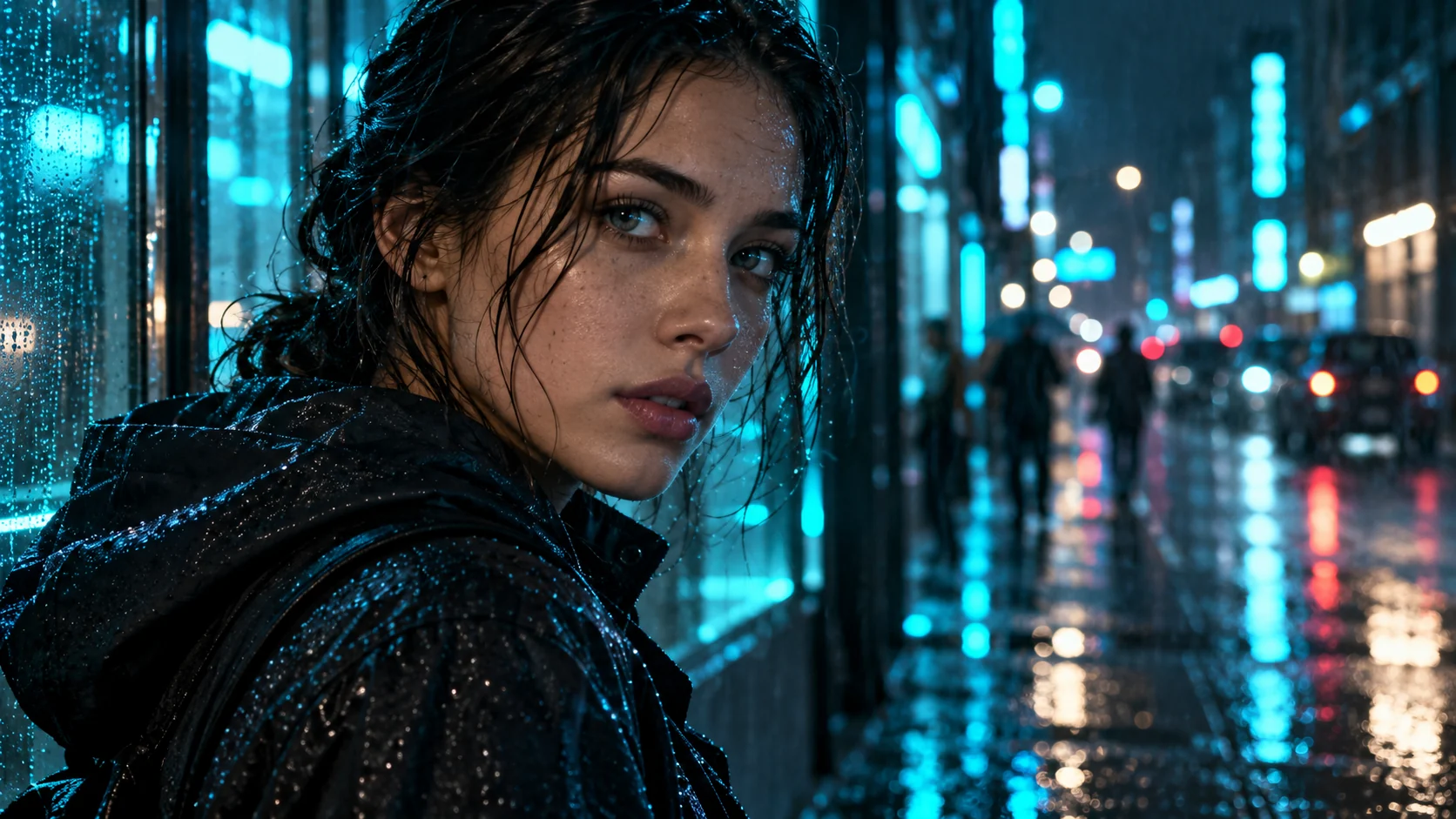 Cinematic night portrait with subtle cyan neon reflections in the eyes and rain-softened city lights
