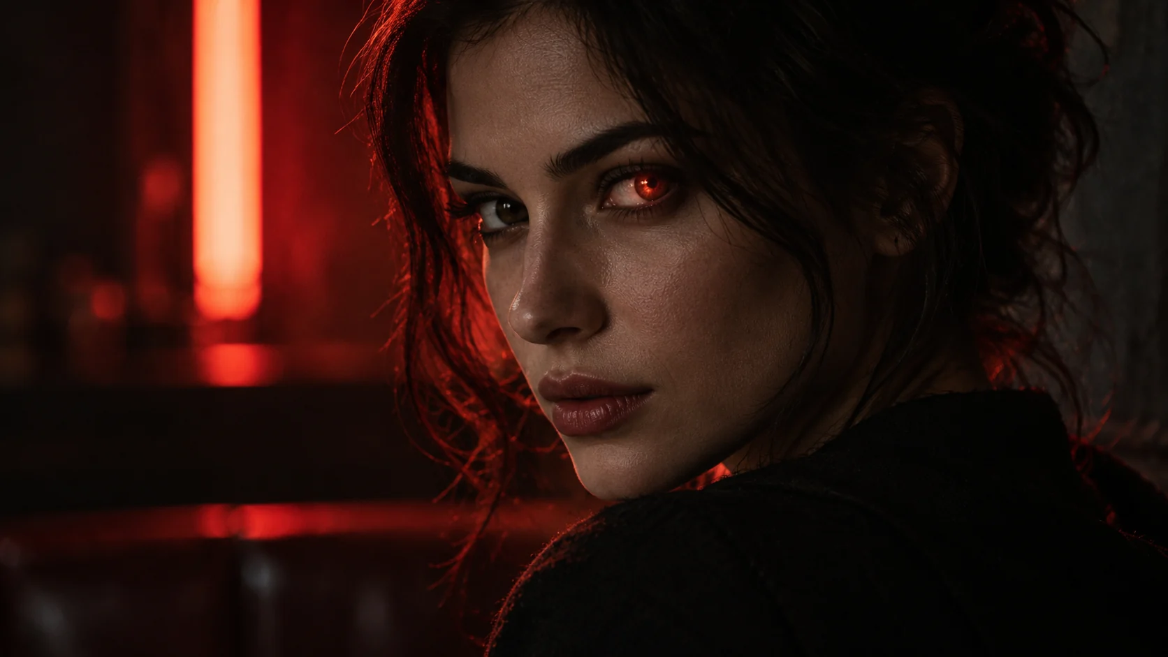 Low-key noir portrait with a restrained amber-red glow contained in one iris