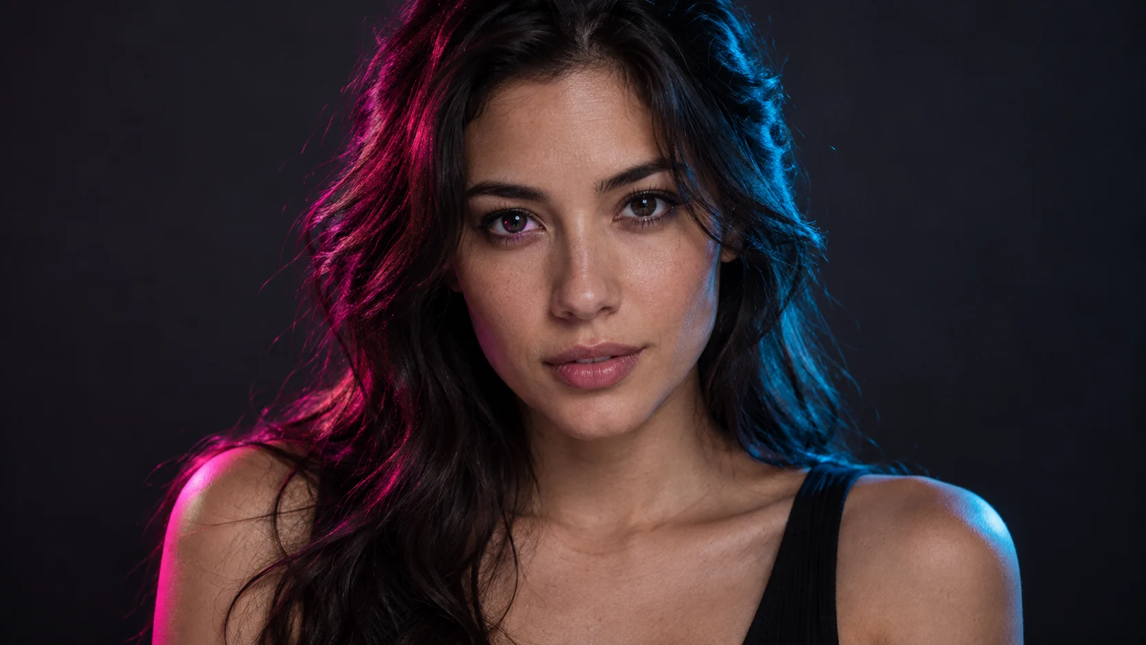 Studio portrait with realistic eyes catching cyan and magenta reflections from opposite sides