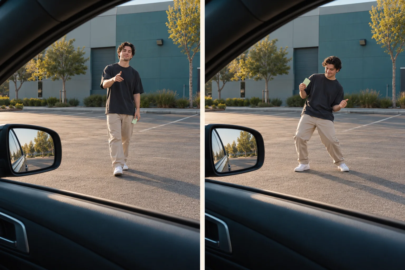 Illustration of a fixed car-window viewpoint as a Plug Walk performer moves farther away