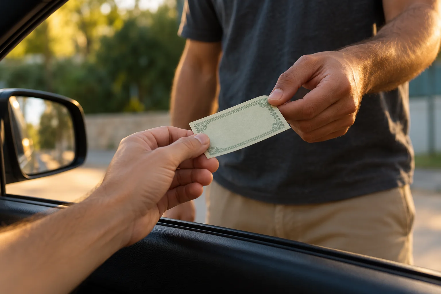 Close illustration of one prop banknote passing from a car-window hand to the performer