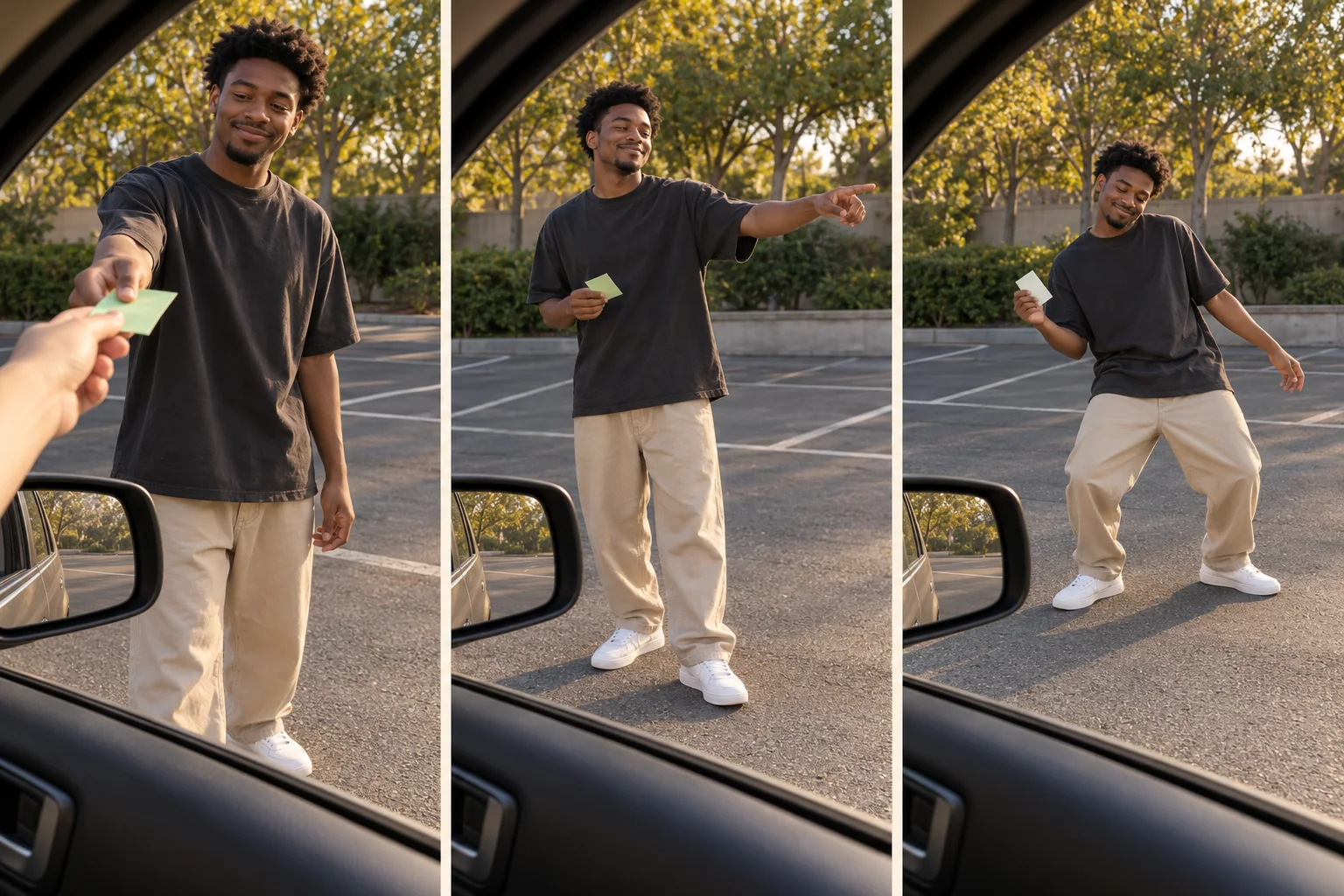 Three illustrated Plug Walk filter beats: car-window handoff, step back, and relaxed dance