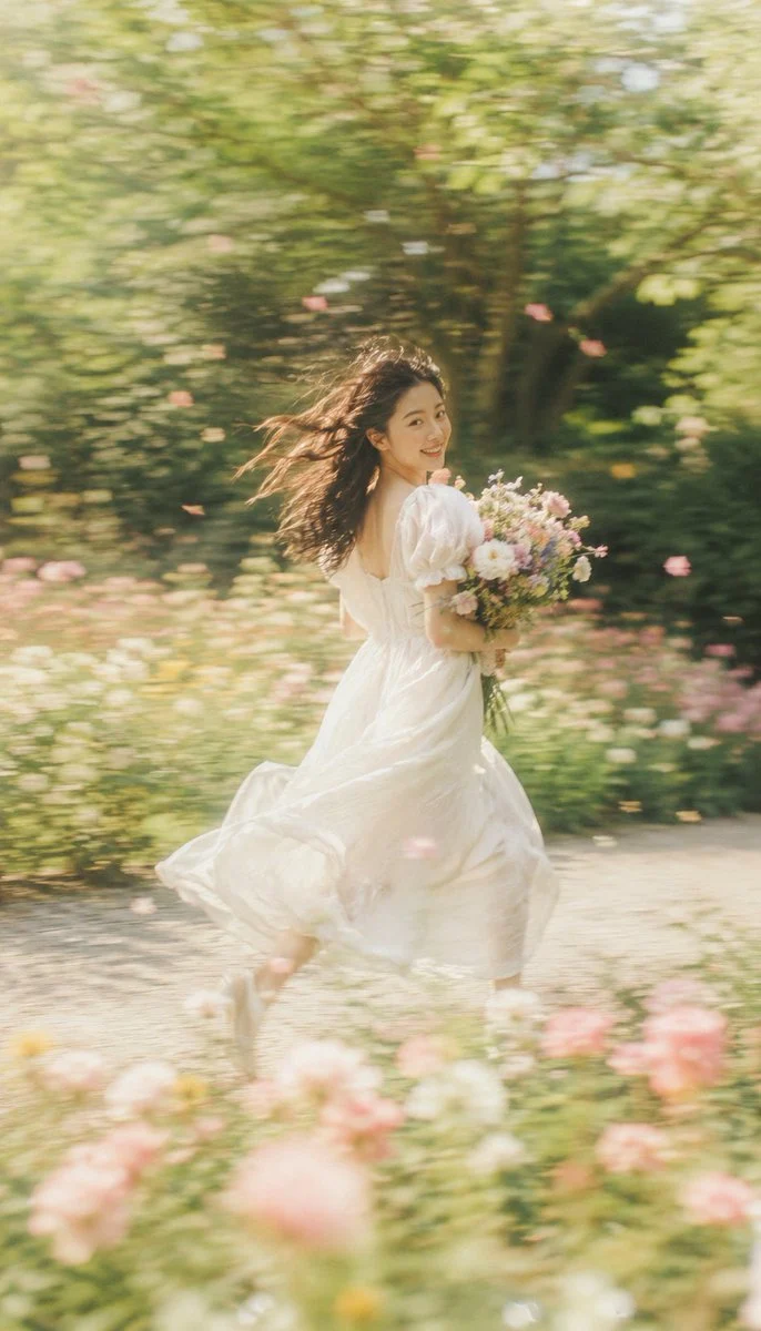 Create a 9:16 vertical dreamy slow-shutter garden portrait photography image tit