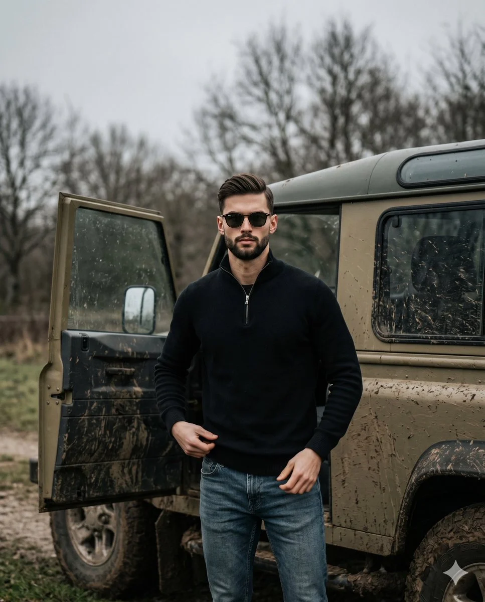 A serious, bearded man wearing sunglasses stands naturally facing the camera, hi