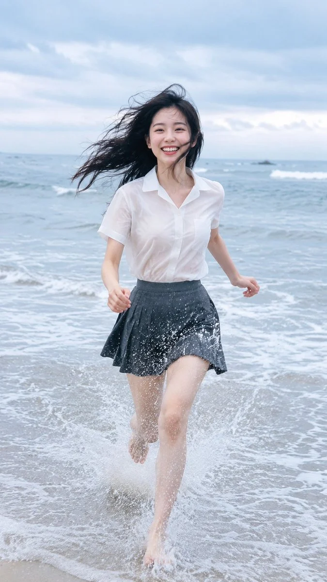 9:16 vertical photorealistic beach running portrait. An adult East Asian young w