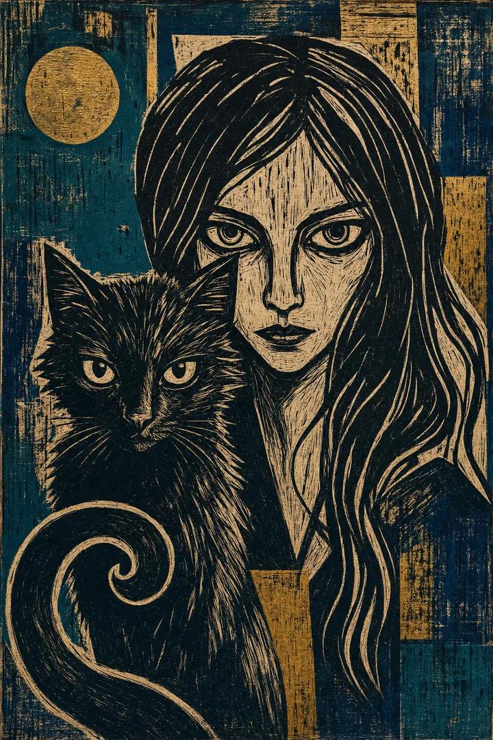 A dramatic Expressionist linocut print on raw, ink-textur...