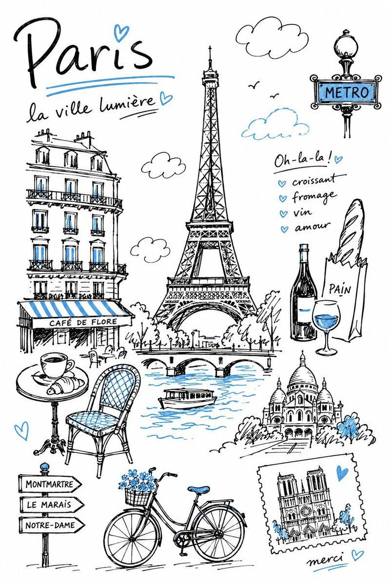Create a charming editorial travel illustration of [Destination] in a simple han