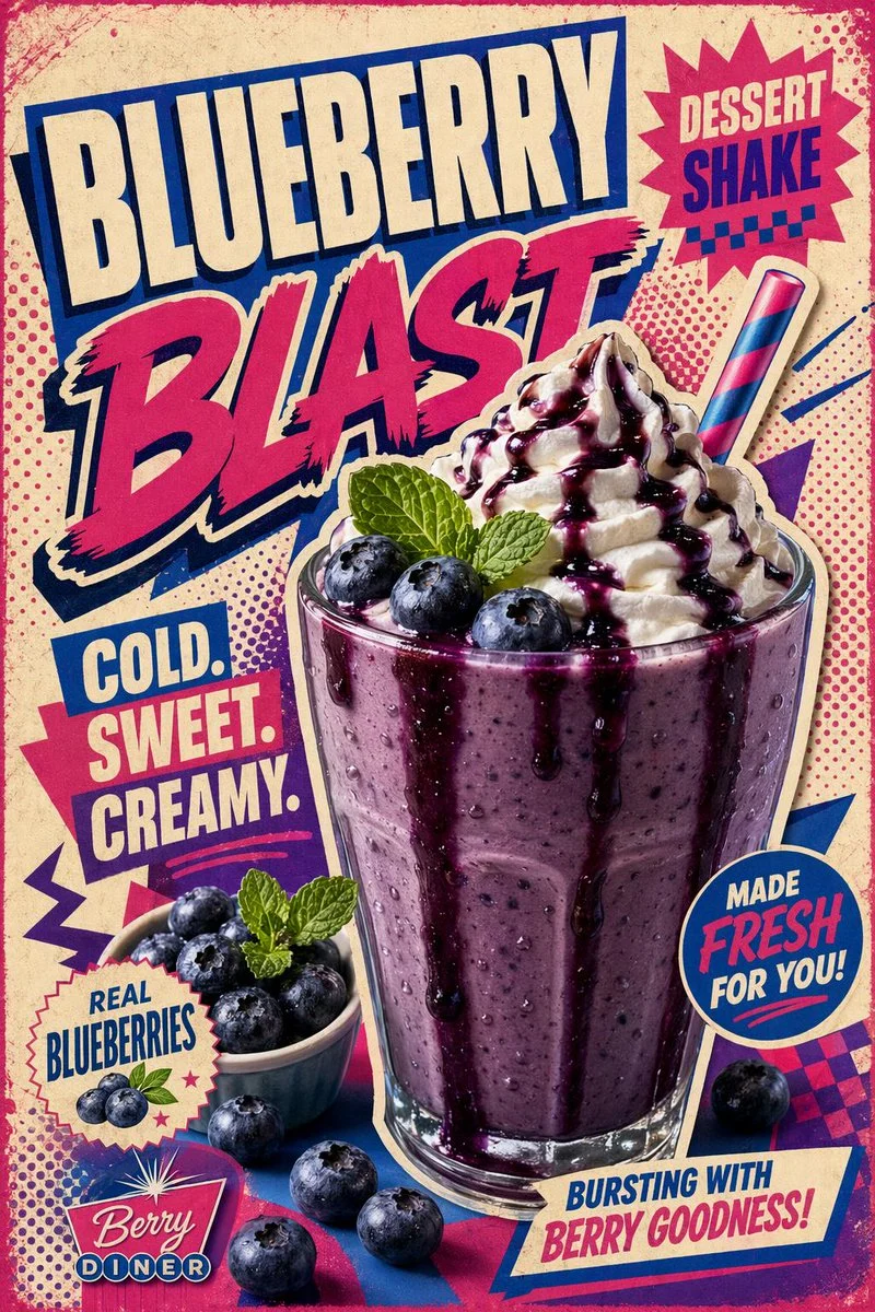 Create a bold retro pop-art poster for a Blueberry Desser...