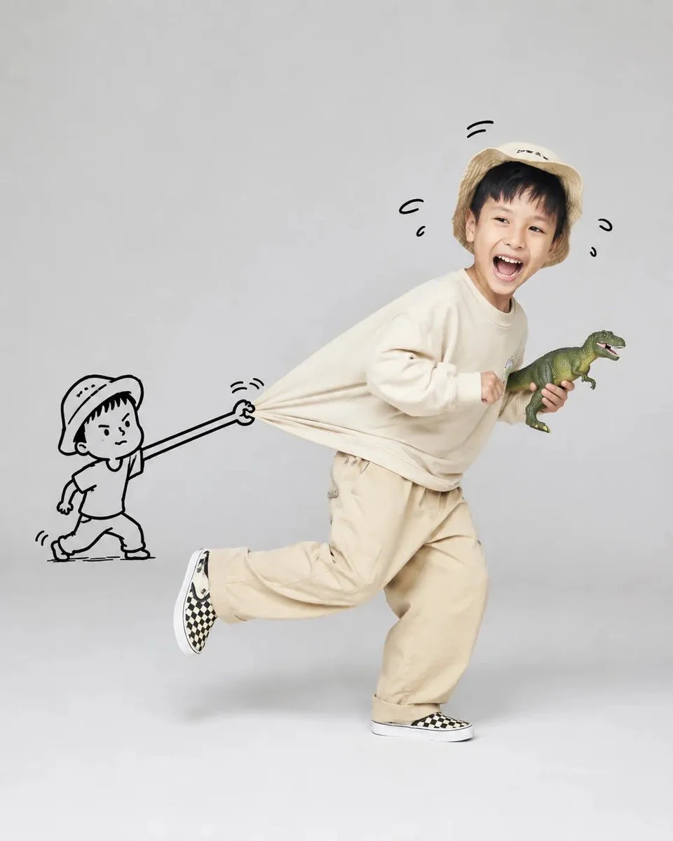 A playful, high-key studio portrait of [Subject] running ...