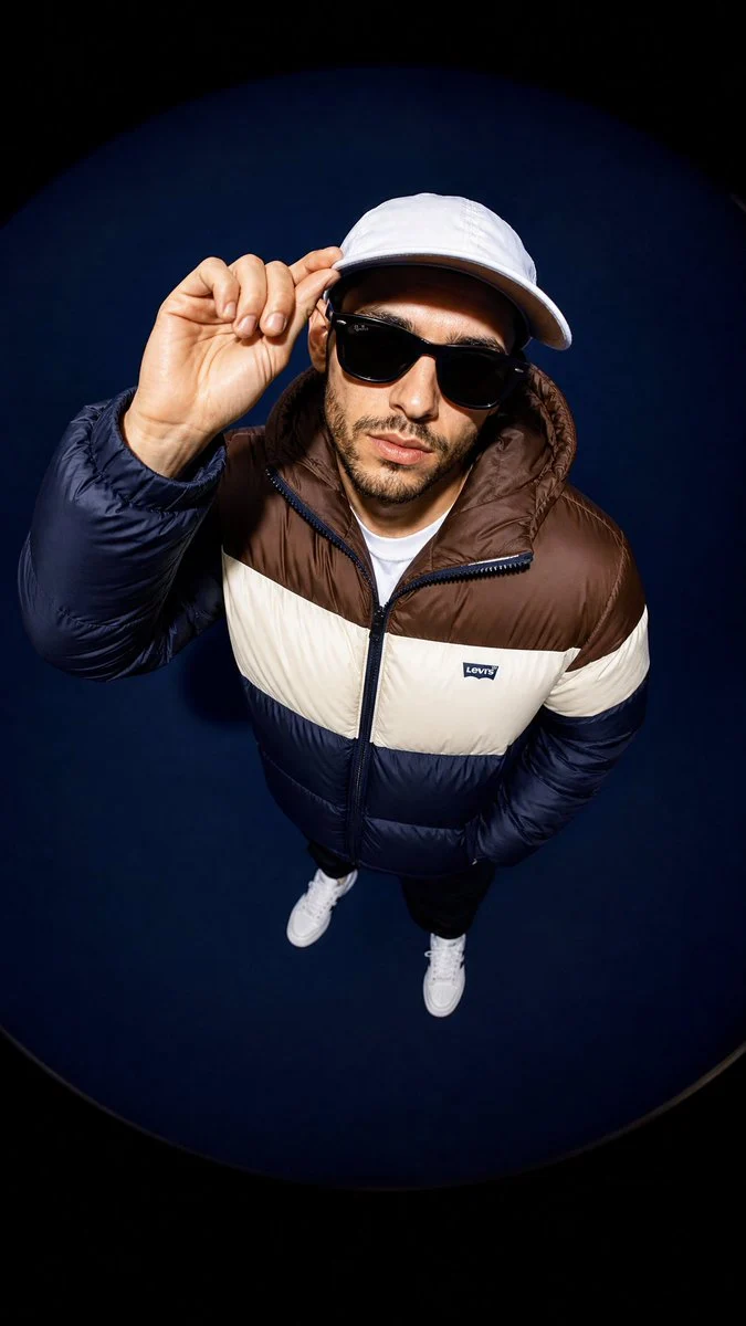 A high-angle fisheye lens shot of a male model looking up...