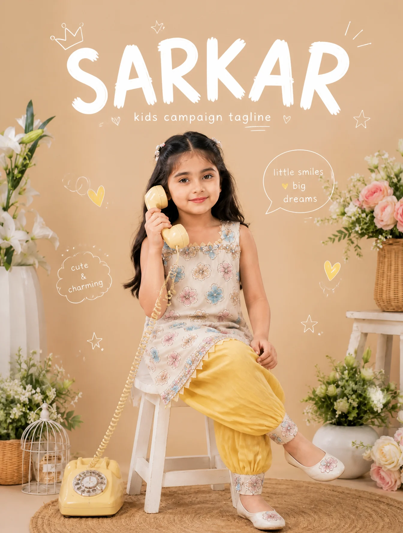 Create a premium playful kids-fashion editorial poster for SARKAR DEAIGN.

TOPIC
