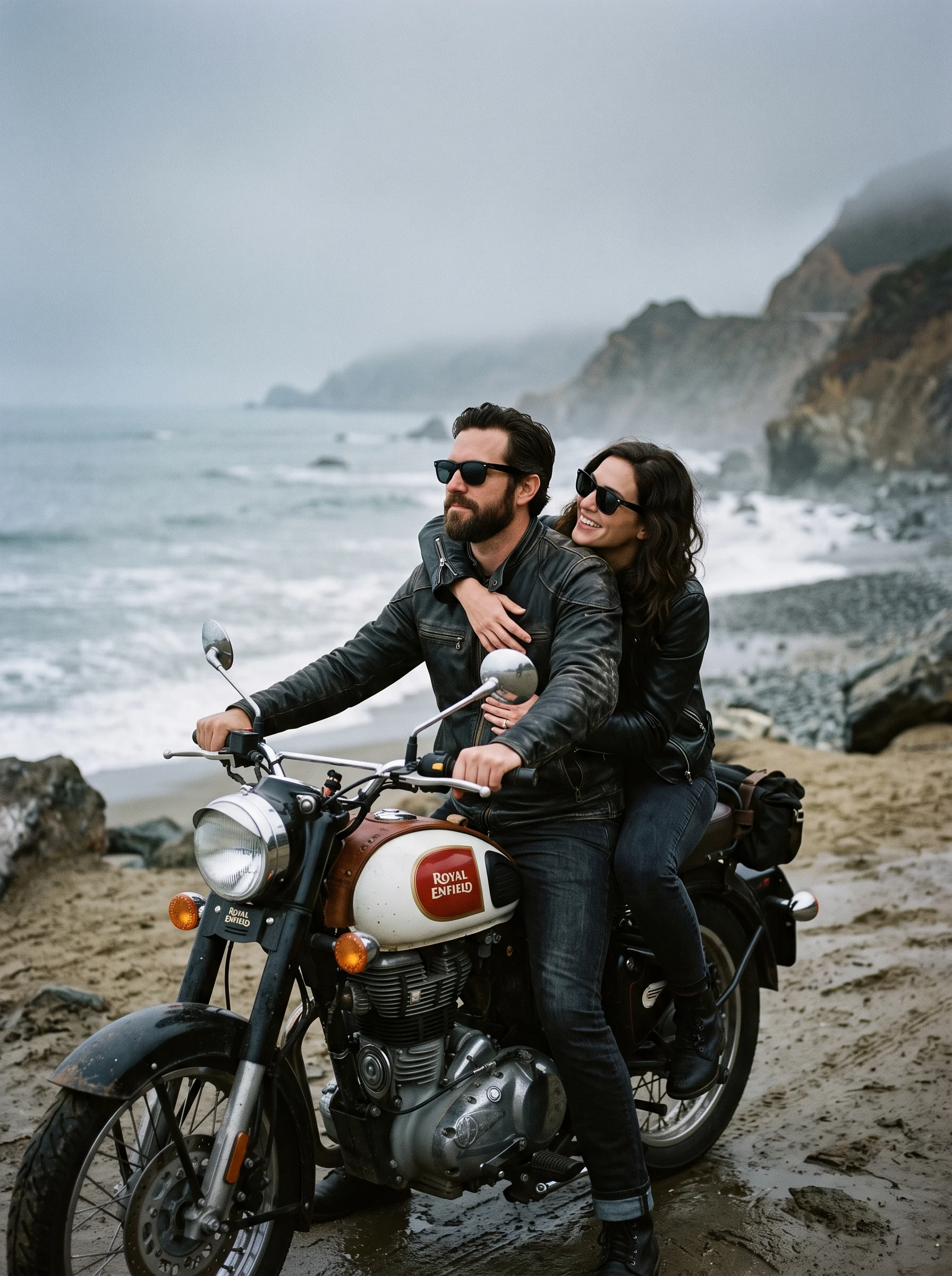 Create a cinematic, adventurous couple portrait captured ...