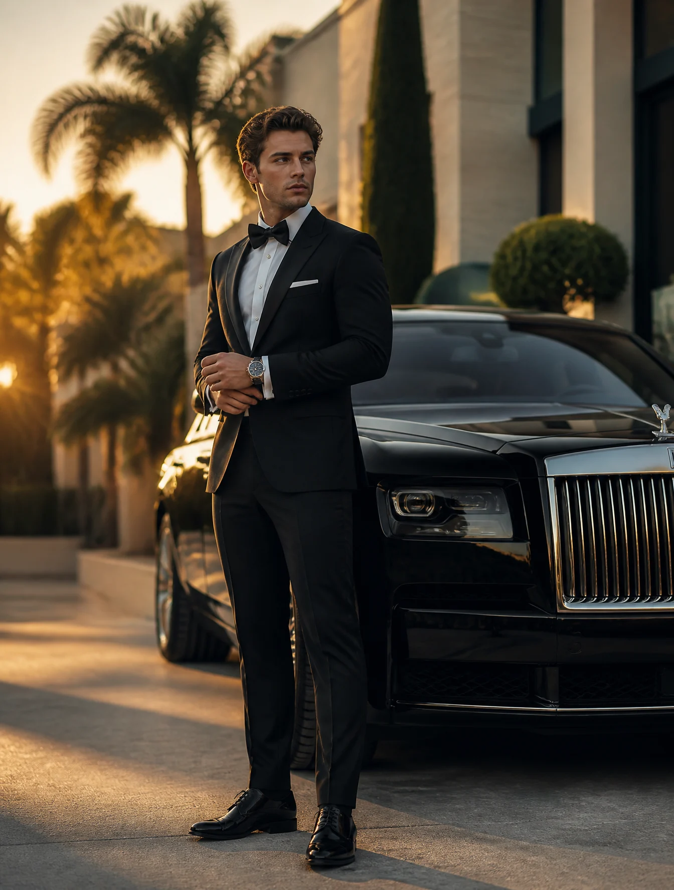 Portrait of a stylish young man in a bespoke black tuxedo...