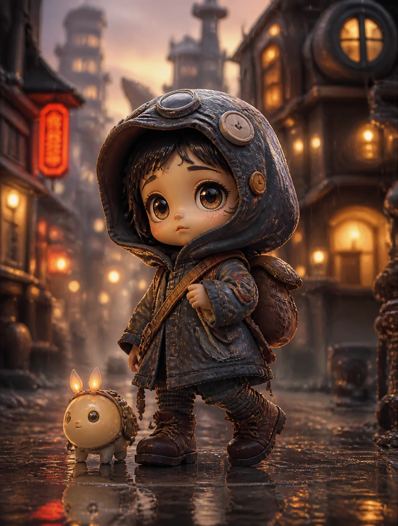 adorable tiny child adventurer in a whimsical fantasy world, big head small body