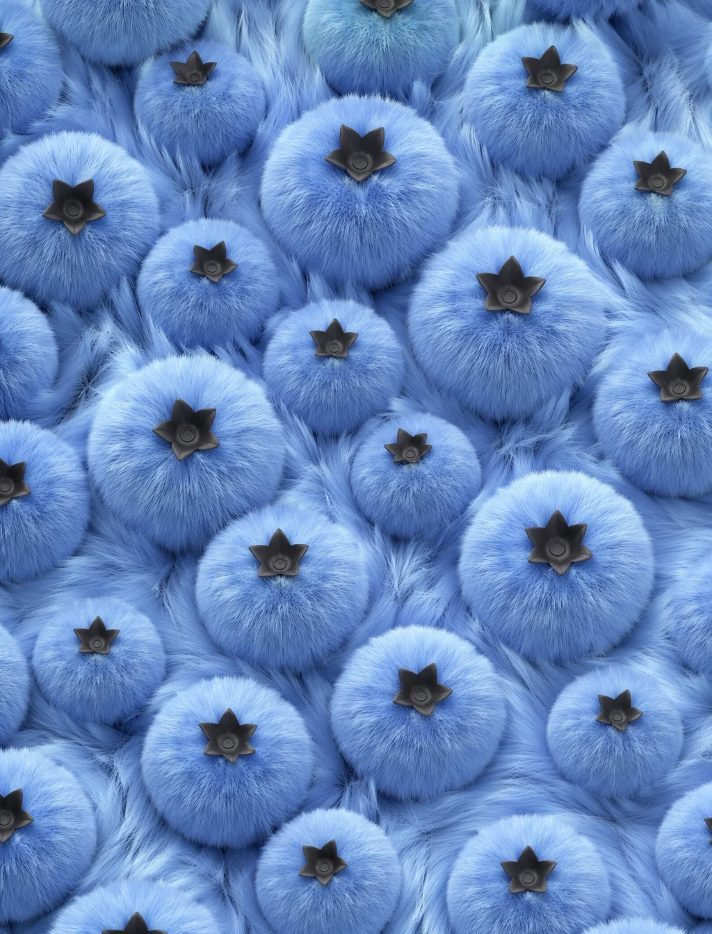 Vertical top-down macro shot, lots of round fluffy bluebe...