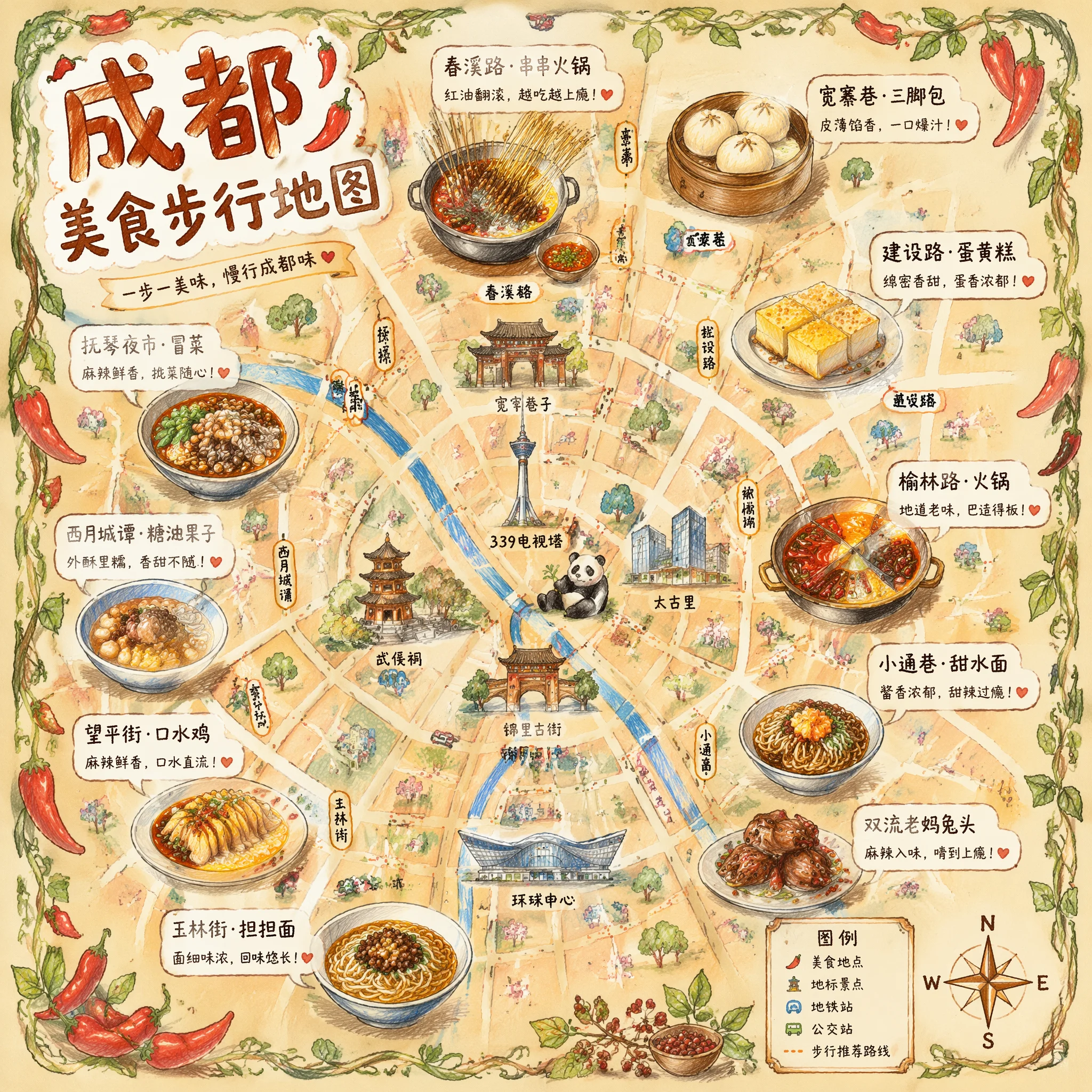 这是一幅以成都为主题的手绘风格城市美食地图。地图底图为鸟瞰视角的手绘简化版城市地图，标示了主要道路和地标——并非追求精确的比例，而是营造出一种迷人的手绘质感。地