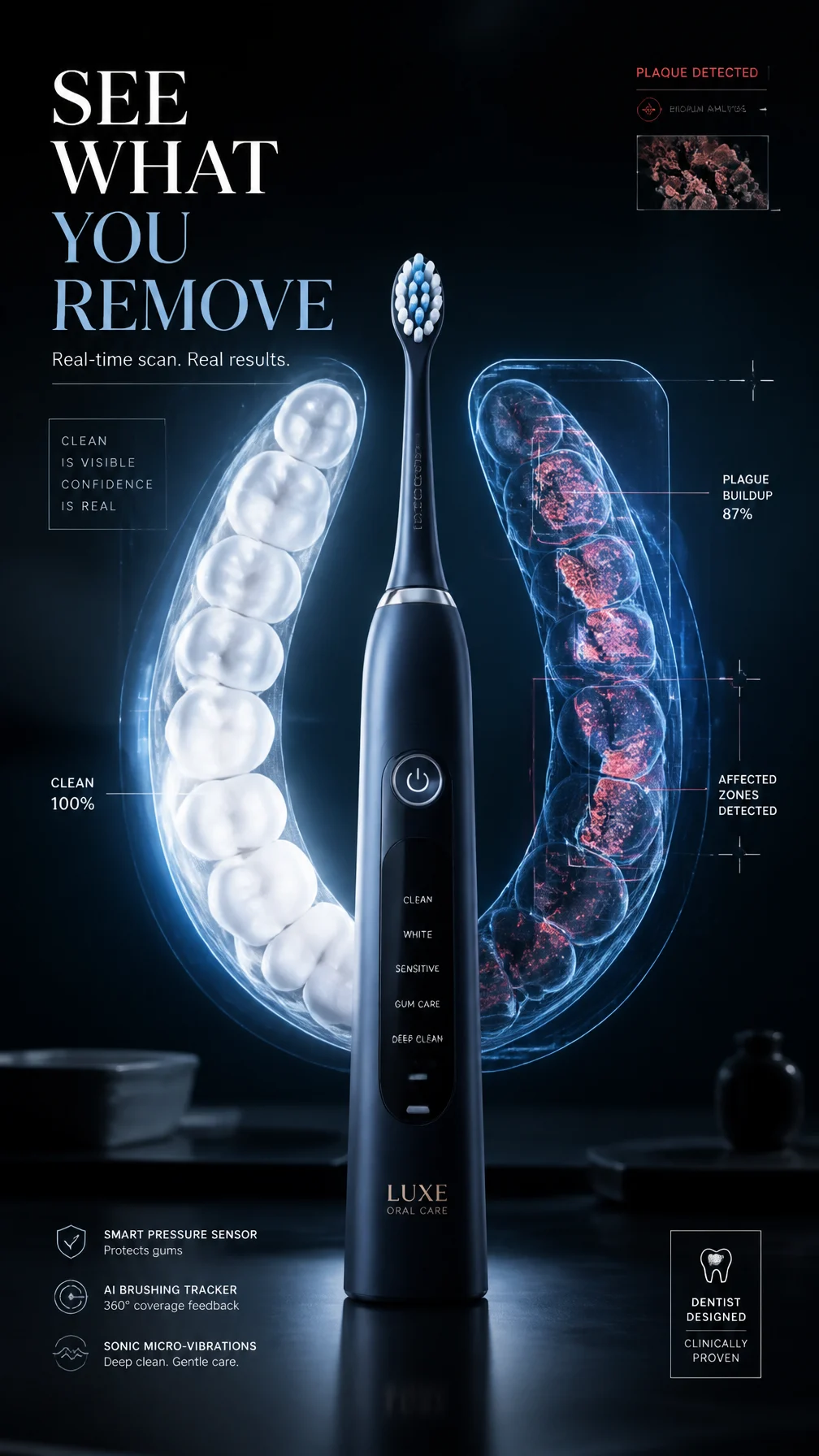 A premium 9:16 toothbrush advertising poster.Main Subject:A premium electric too