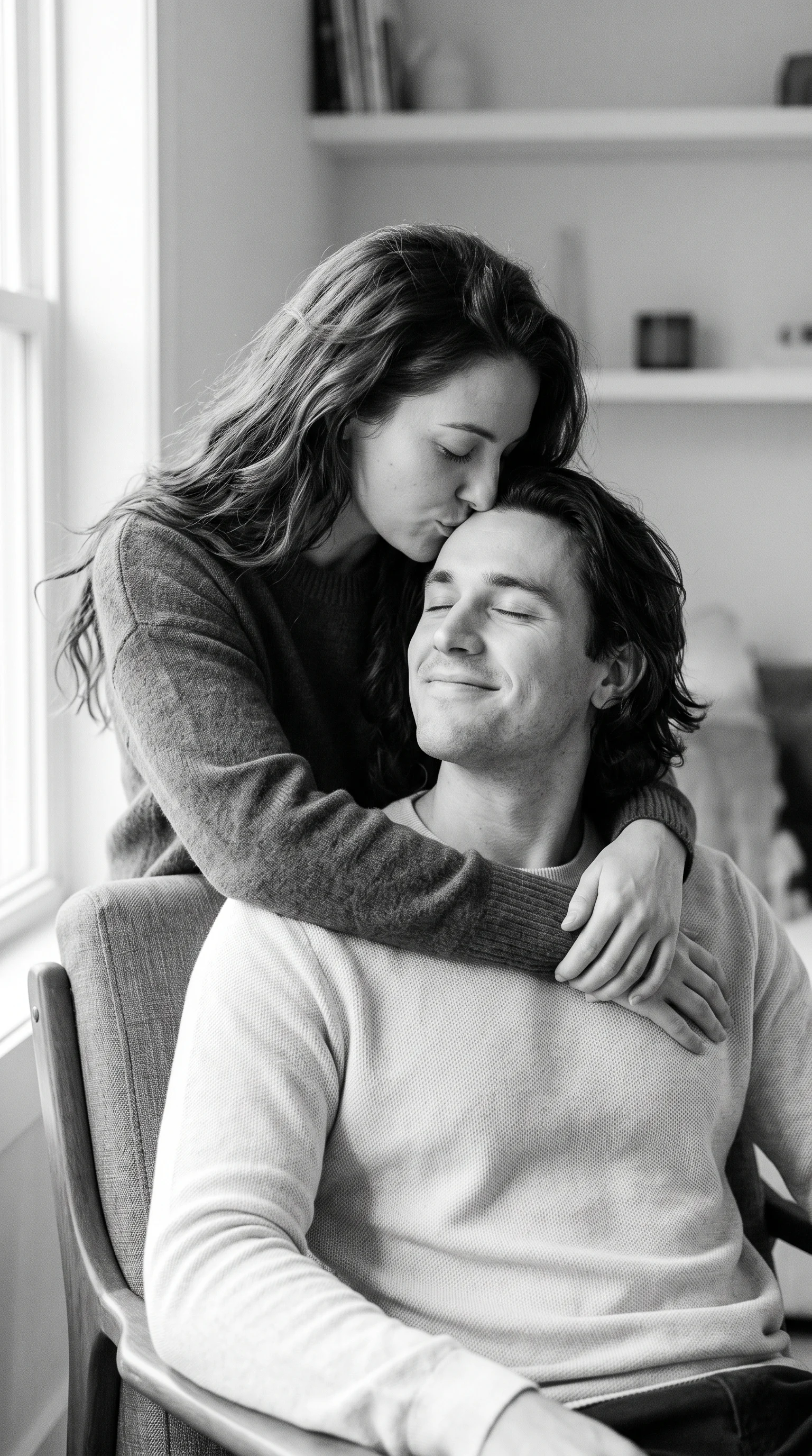 Create a gentle, intimate black-and-white portrait of a c...