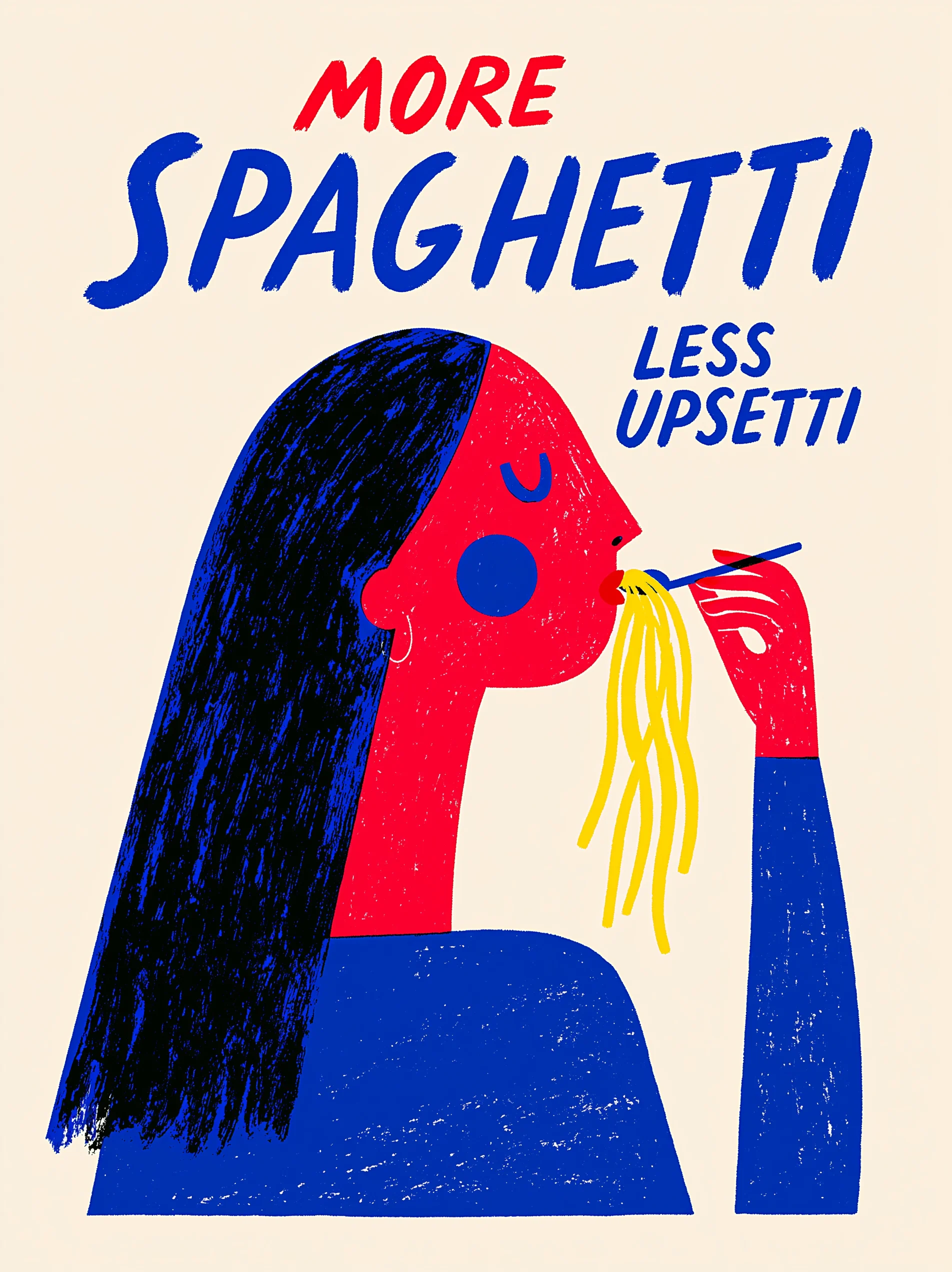 woman eating spaghetti, with bold vintage typography reading "MORE SPAGHETTI" an