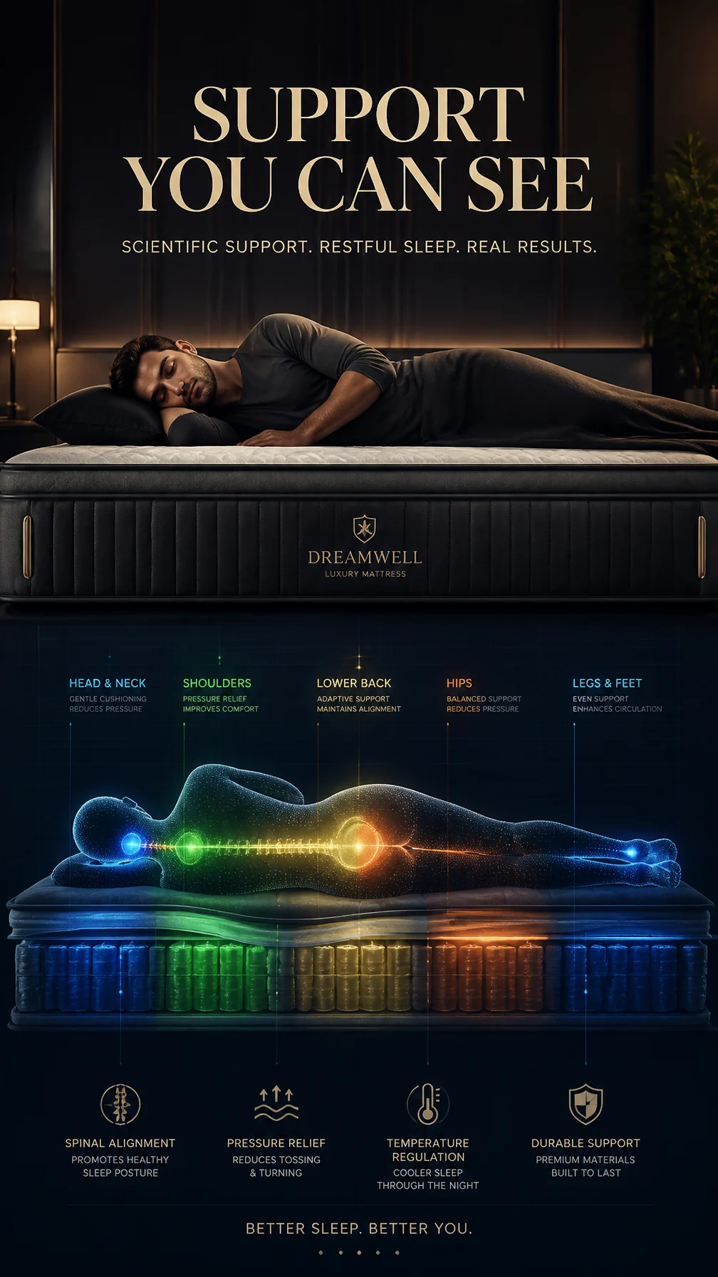 A premium 9:16 mattress advertising poster.Main Subject:A luxury mattress viewed