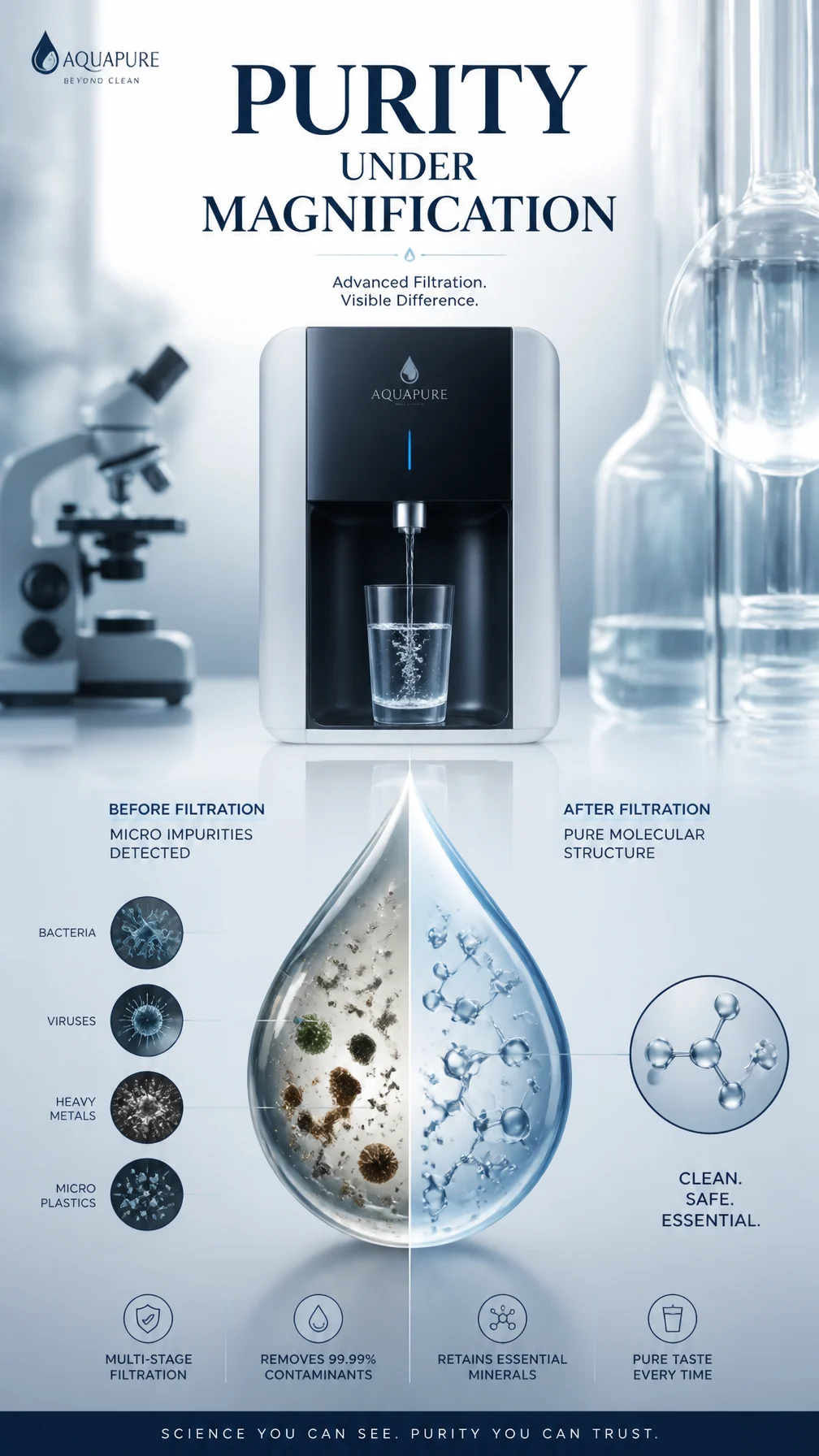 A premium 9:16 water filter advertising poster.Main Subject:A premium water filt