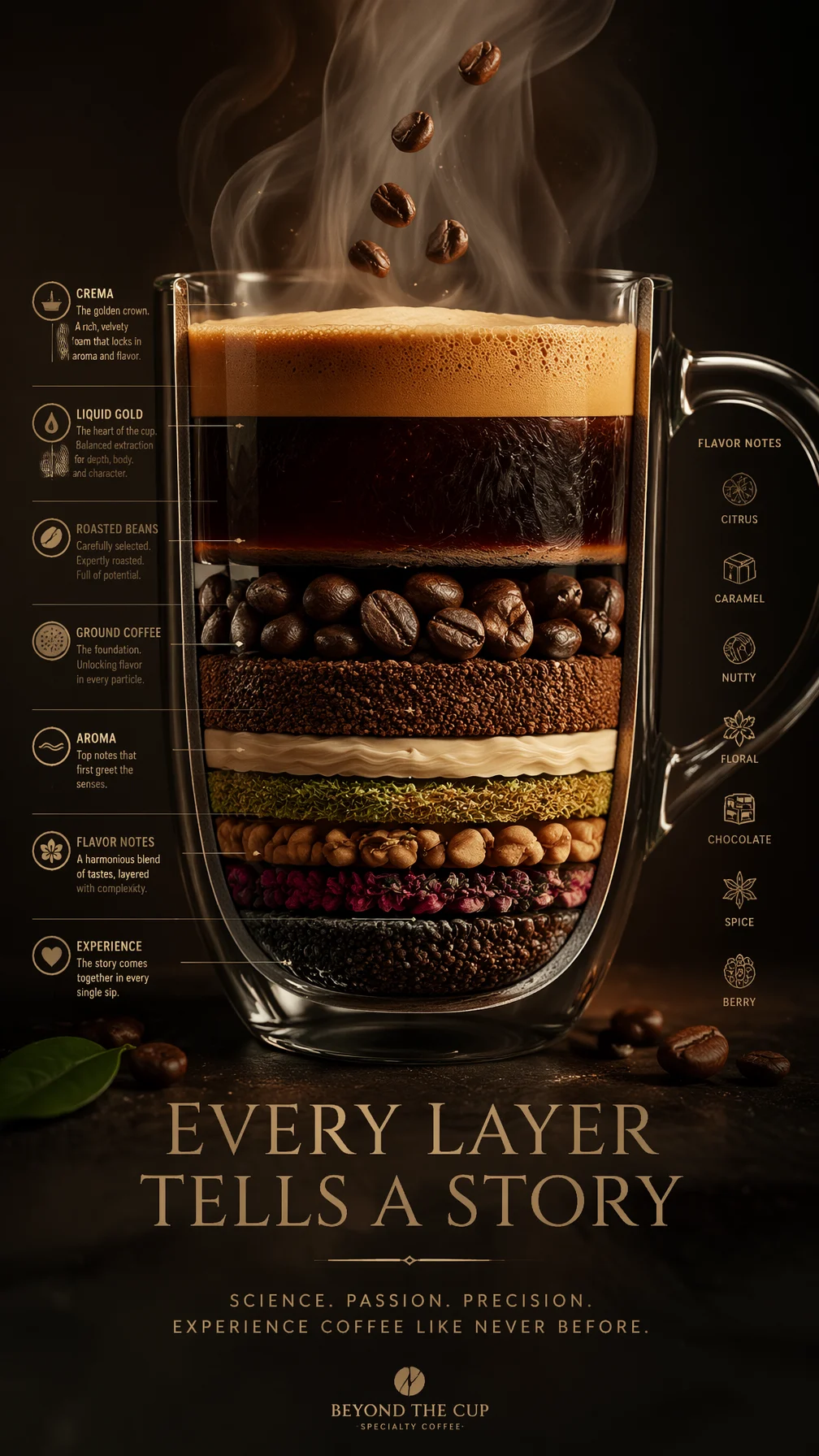 A premium 9:16 coffee advertising poster.Main Subject:A luxury coffee cup viewed
