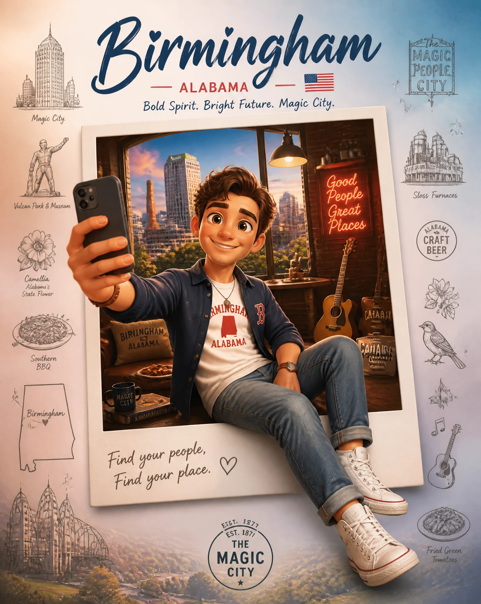 Create a premium collectible travel poster in a cute stylized 3D cartoon/Pixar-i