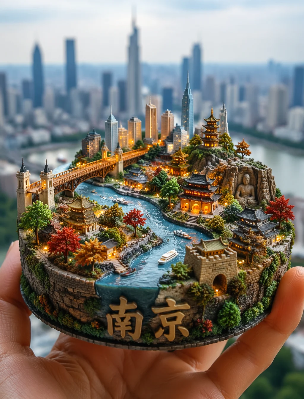Vertical macro photography, a human hand holding a round miniature diorama cake 