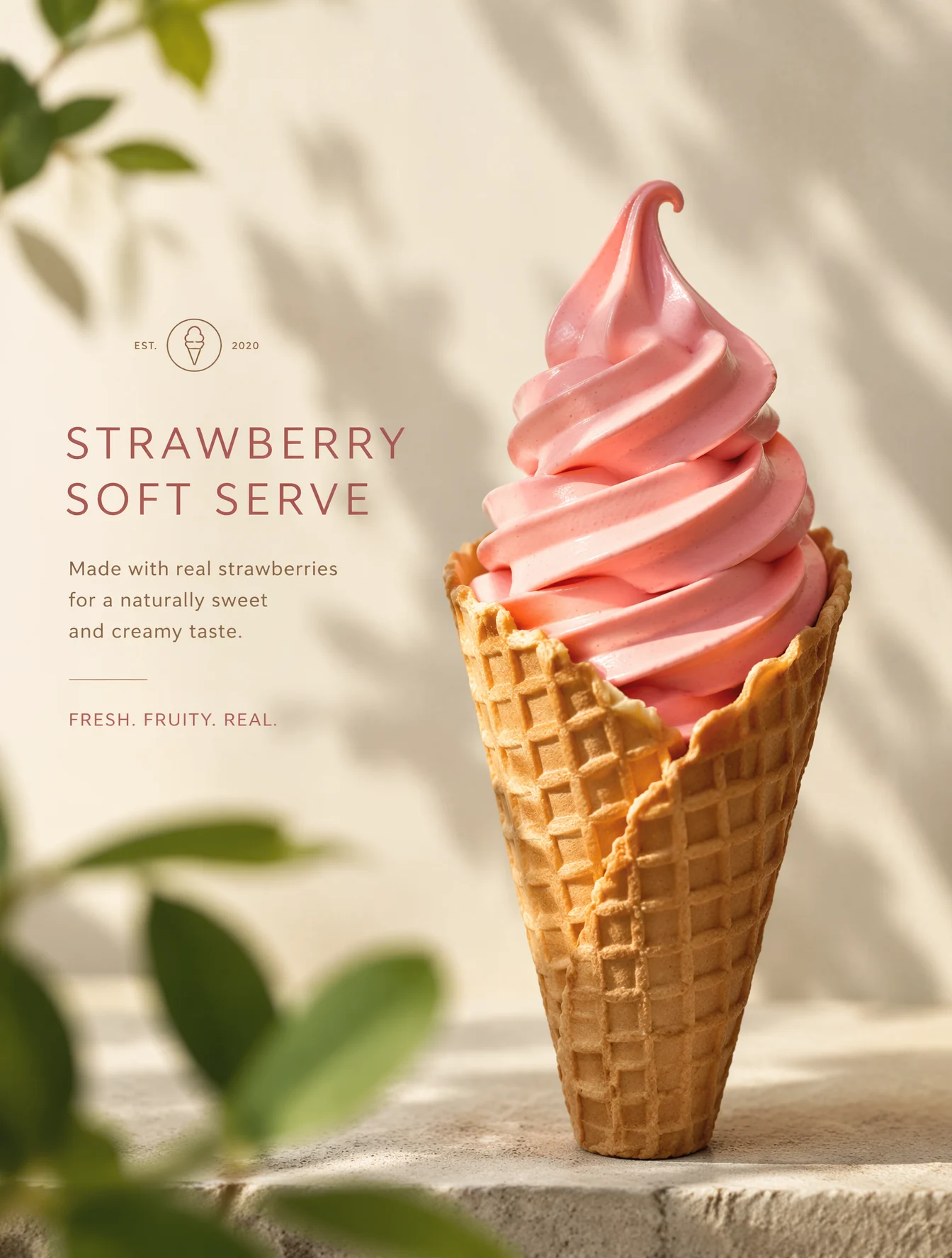 Ultra-realistic product photography of a rich strawberry soft-serve ice cream in
