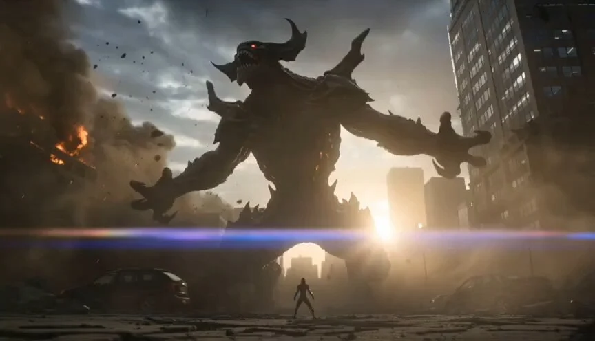 A colossal dark horned monster towers over a collapsed ci...