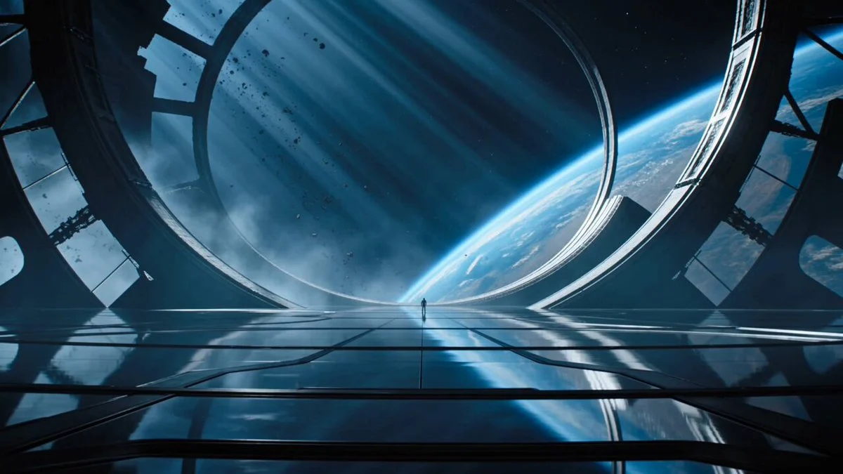 Create a cinematic sci-fi film sequence in a vast abandon...