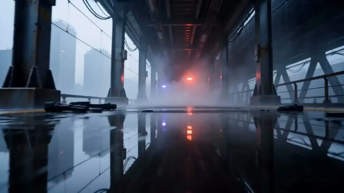 Cinematic action sequence in a dark, rainy cyberpunk indu...
