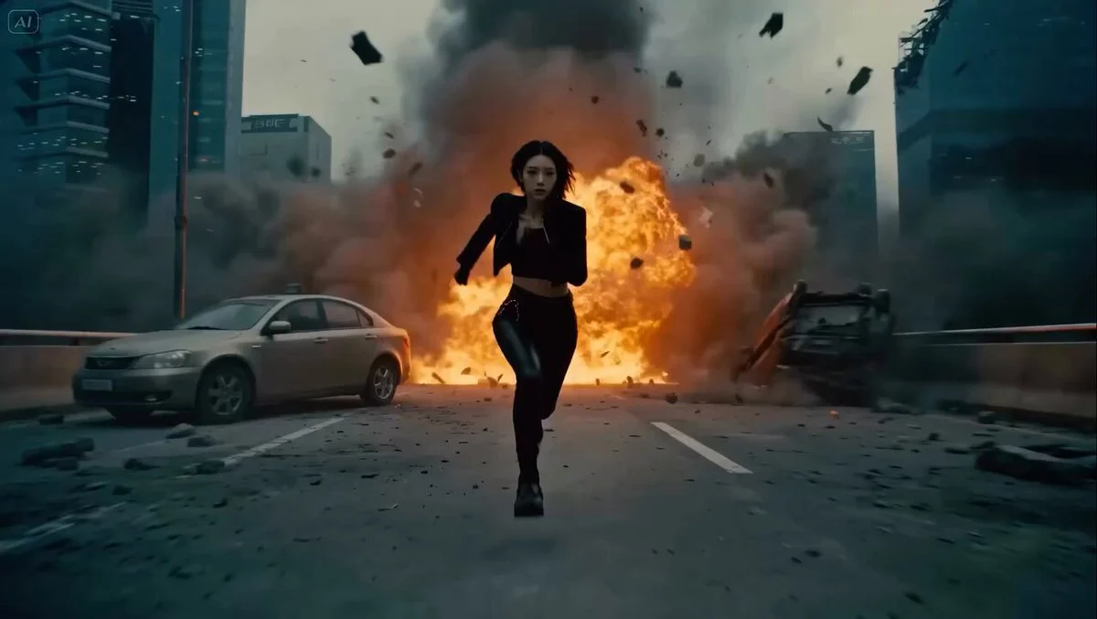 Cinematic high-octane action sequence: A futuristic prota...