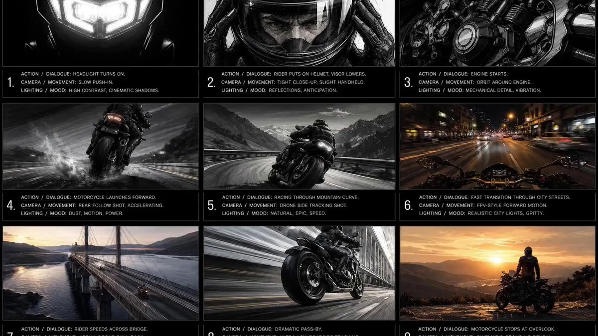 15-second high-intensity motorcycle commercial, ultra cin...