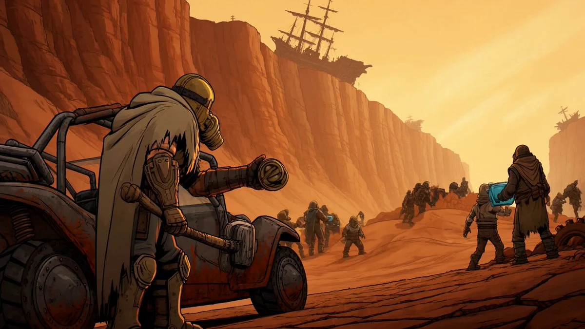 ROTAGONIST: A male Wasteland Drifter wearing a frayed san...