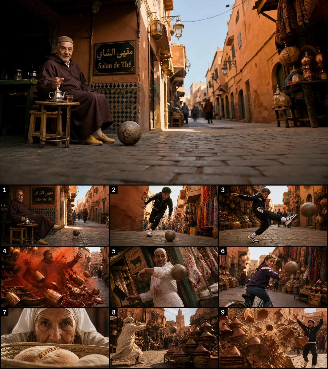Setting: Busy Moroccan souk at golden hour. Terracotta wa...
