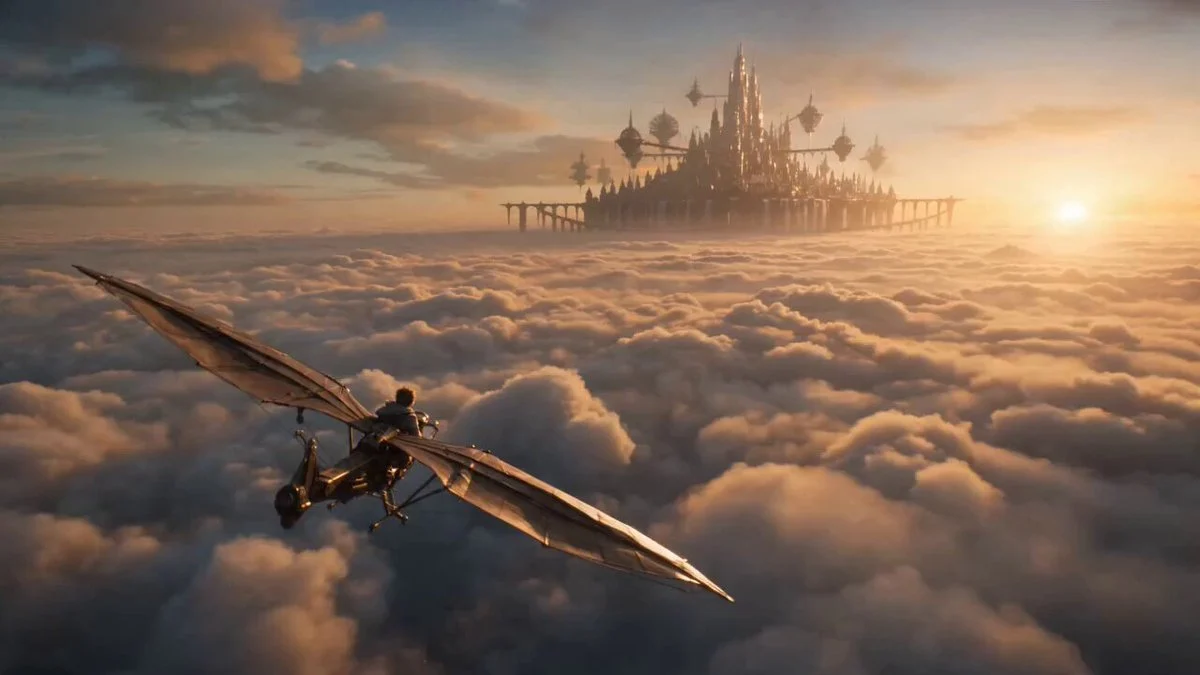 Create a cinematic fantasy scene above the clouds at sunr...