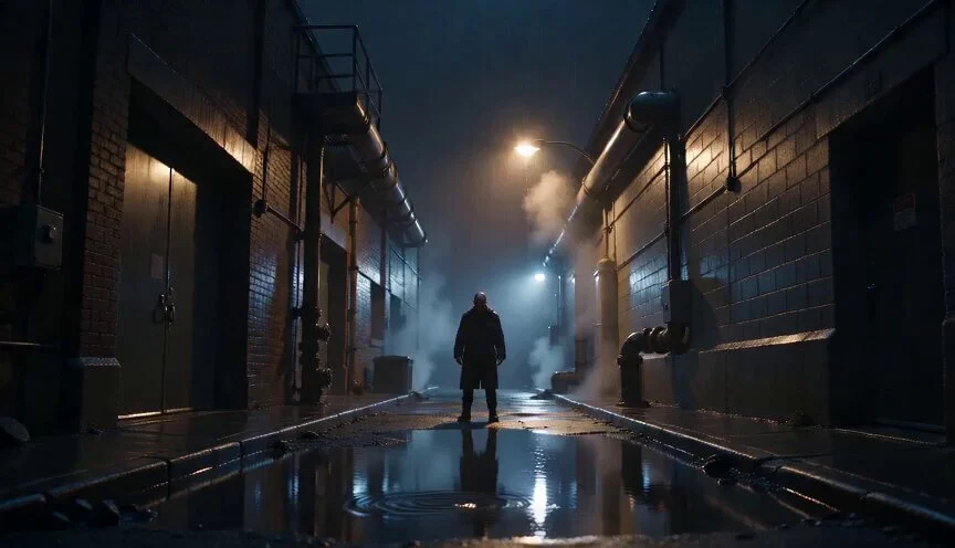15-second cinematic short, original character in a rain-s...