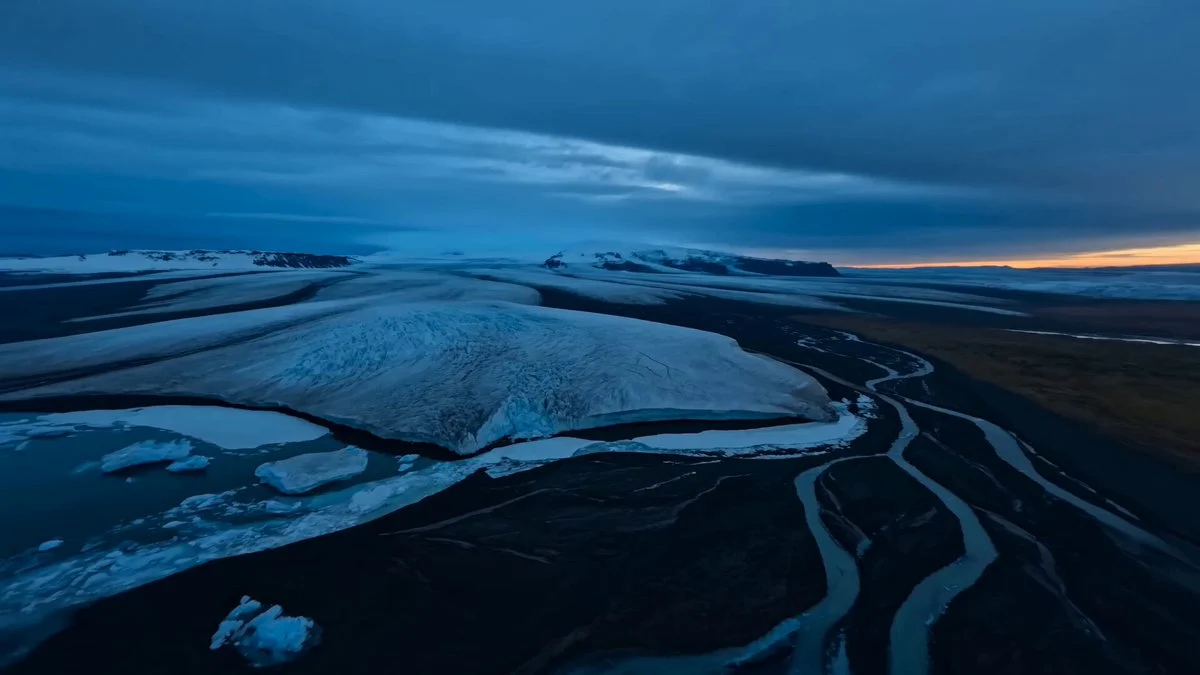 Ultra wide cinematic aerial shot during blue hour over th...