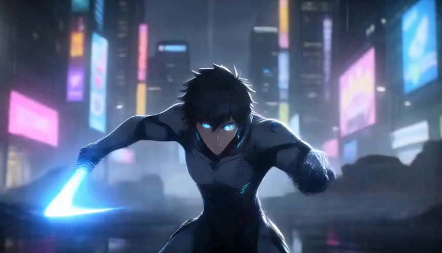 Epic anime battle scene, fierce young man warrior with  b...